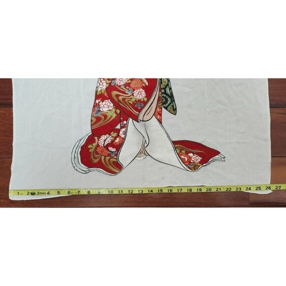 Vintage Japanese Scarf Geisha Kimono Art Print Red Gold Ivory Japan Size 28x 26 - Picture 6 of 6